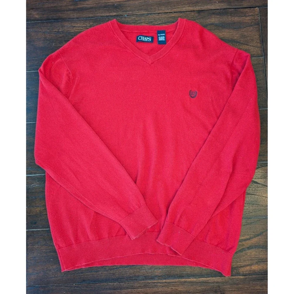 Chaps Sweater Men's Size XL Red V-Neck 95% Cotton 5% Cashmere Grandpa Dadcore